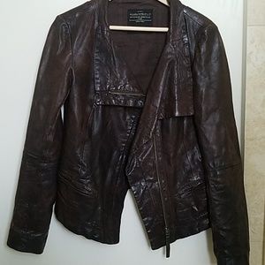 All saints brown leather jacket, maroon tint